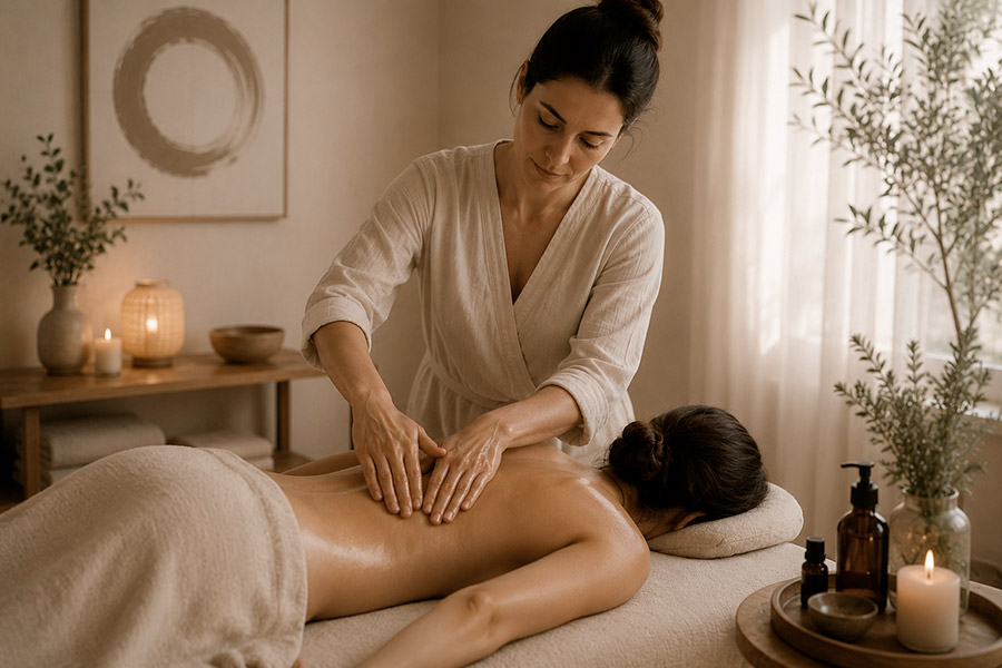 terapeuta dando un masaje con aceitas a una mujer joven en Ópalo Wellness