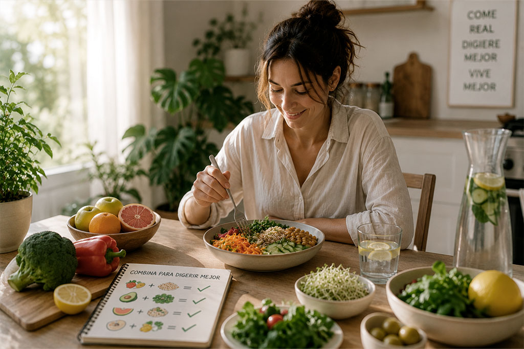 mujer joven comiendo saludable combinando adecuadamente los alimentos