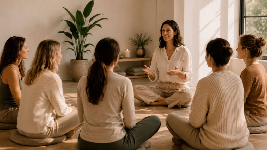 grupo de personas sentados aprendiendo en un taller en Ópalo Wellness
