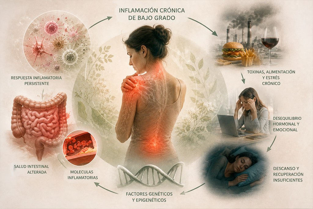 mujer de espalda con elementos asociados a la inflamación de bajo grado
