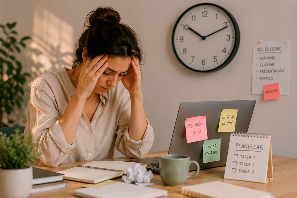 mujer joven estresada por la procratinación en su mesa de trabajo