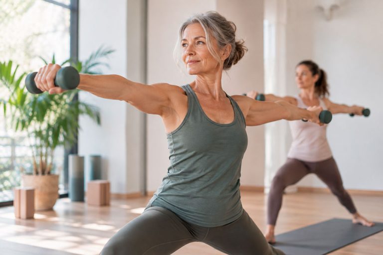 mujer de mediana edad practicando yoga streght